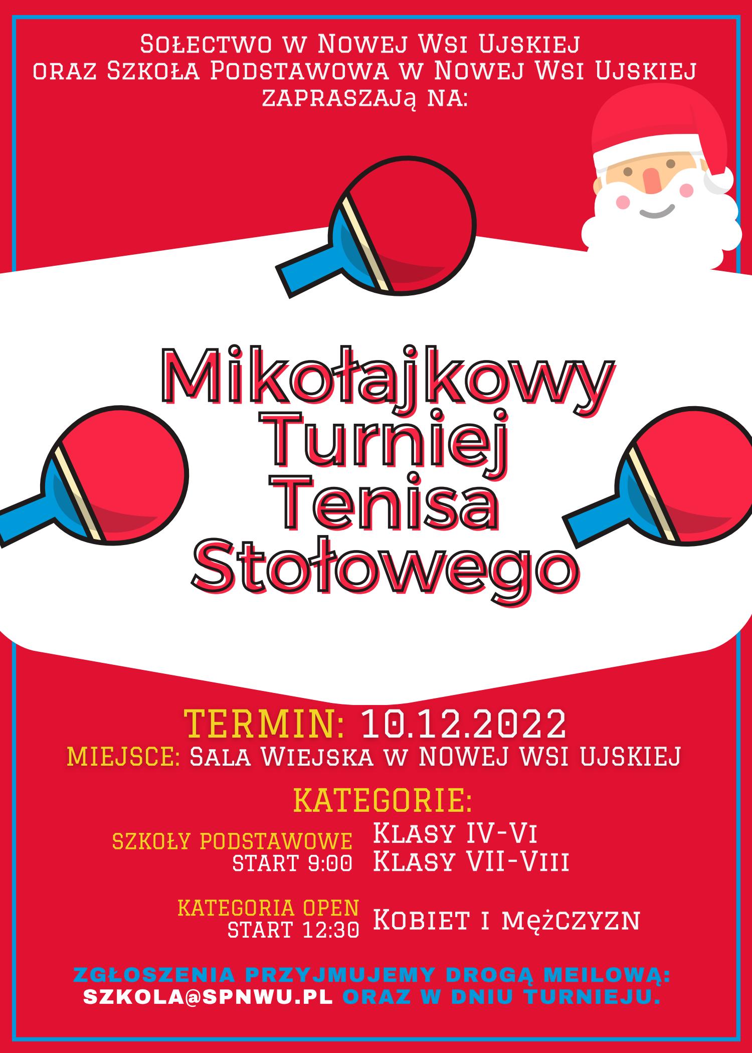 Zapraszamy na Mikołajkowy Turniej Tenisa Stołowego – 10 grudnia 2022!!!
